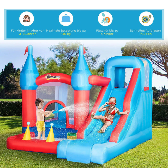 Aufblasbare Hüpfburg für 4 Kinder Wasserhüpfburg mit Gebläse Rutsche Pool Kletterwand Trampolin Tragetasche Garten für Kinder Outdoor Wasserrutsche Springburg 3-8 Jahren, 333x280x210cm