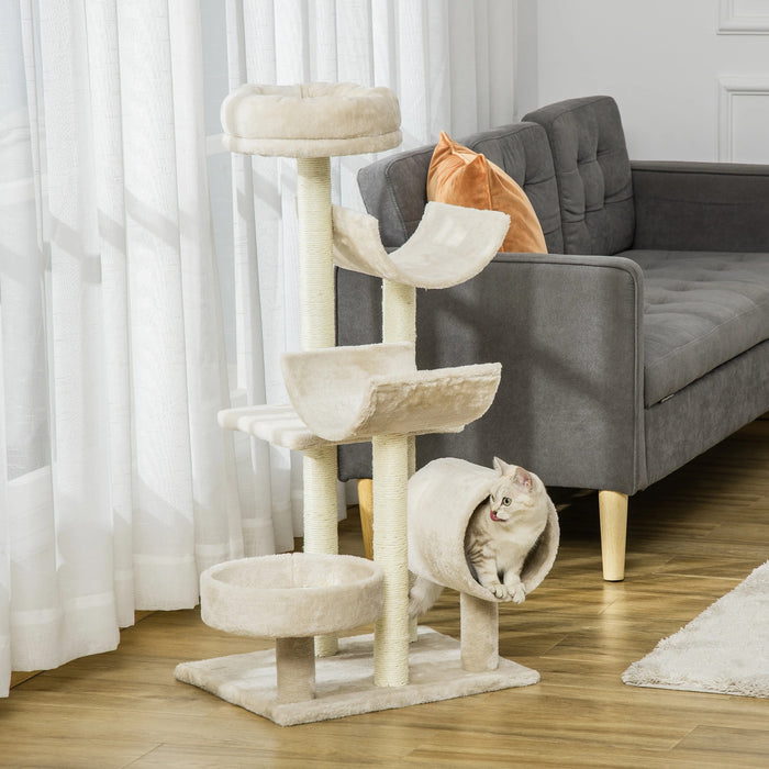 Cat scratching post, climbing tree, toy tunnel beige 50x40x105cm