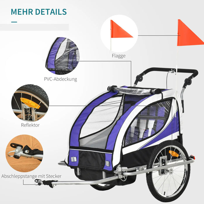 Children's bike trailer for 2 children including reflectors and flags