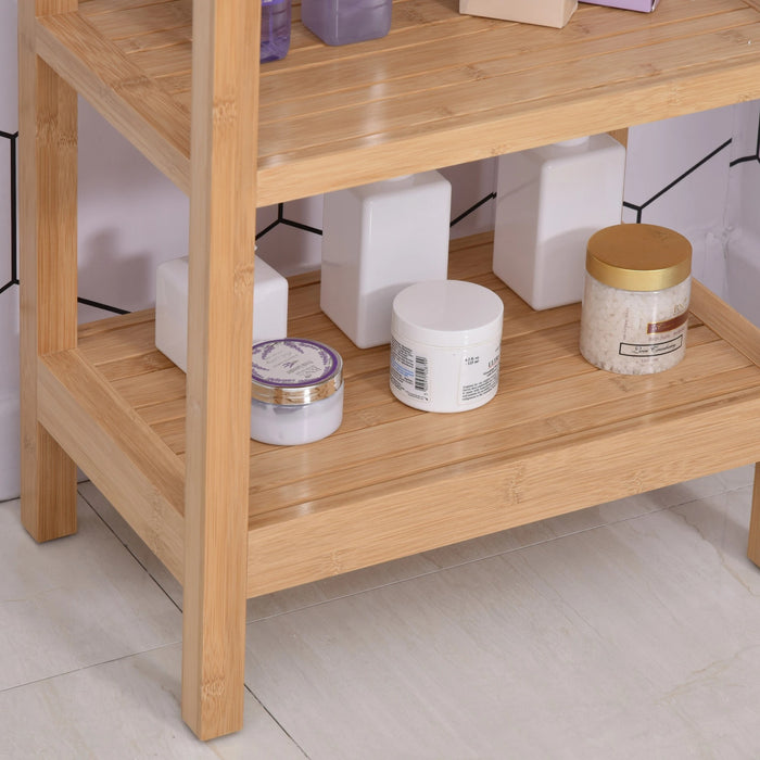 Bathroom shelf, with a hinged lid, bathroom standing shelf with 2 shelves, bamboo, nature, 46x29.5x76.5cm