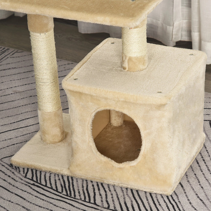 Cat Scratching Post avec un jouet de chat en peluche doux, beige de panneaux de puce, 50x30x81,5 cm