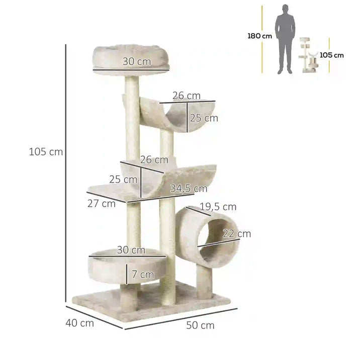 Cat scratching post, climbing tree, toy tunnel beige 50x40x105cm