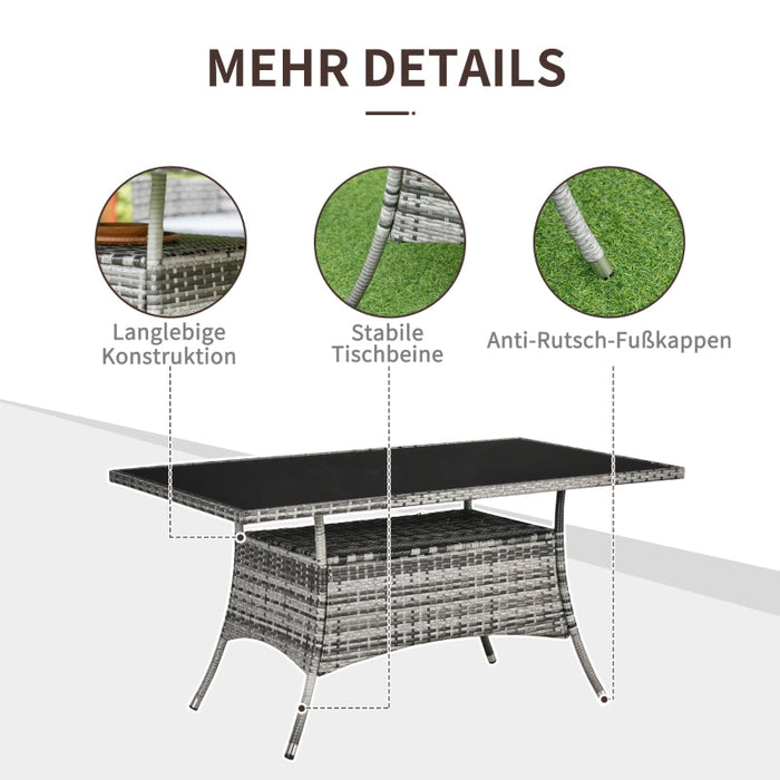 Gartentisch Glastisch Esstisch Gartenmöbel Tisch, Polyrattan+Sicherheitsglas, Grau+Schwarz, 150x85x74cm