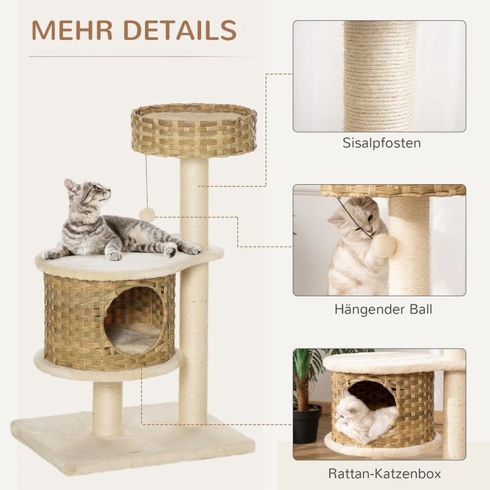 Grattant avec plate-forme, arbre grimpant avec une grotte de chat, balles de jeu, sisal, natur + beige, 95 cm de hauteur