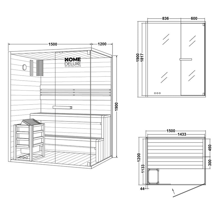 Indoor Sauna ARKHAM L - 150 x 120 cm für 3 Personen - Traditionelle Sauna mit 4,5kW Ofen