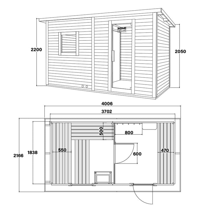 Saunahaus extérieur avec antéroom macah xl -400 x 217 cm pour 5 personnes - sauna avec four 8kw