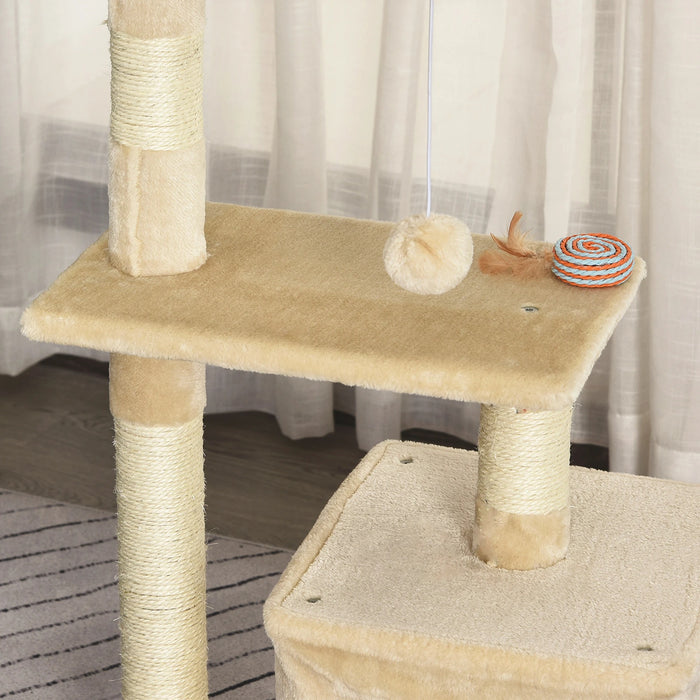 Cat Scratching Post avec un jouet de chat en peluche doux, beige de panneaux de puce, 50x30x81,5 cm