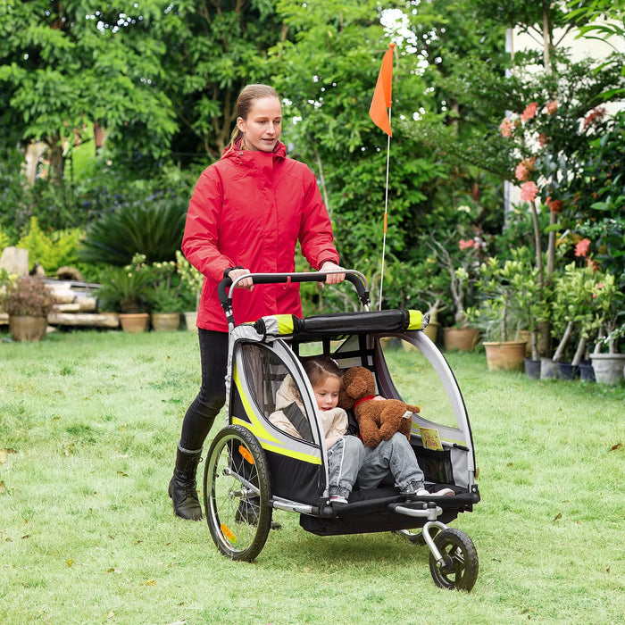 Veloanhänger Fahrradanhänger 2-in-1 für 2 Kinder Schiebefunktion Regenschutz Bremse, gelb