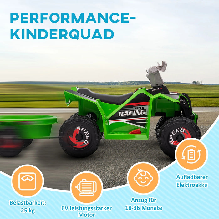 Kinderquad, aufladbar, 2,5 km/h, mit Anhänger, 50 Min. Fahrzeit, für Kinder 1,5 bis 3 Jahre, Grün