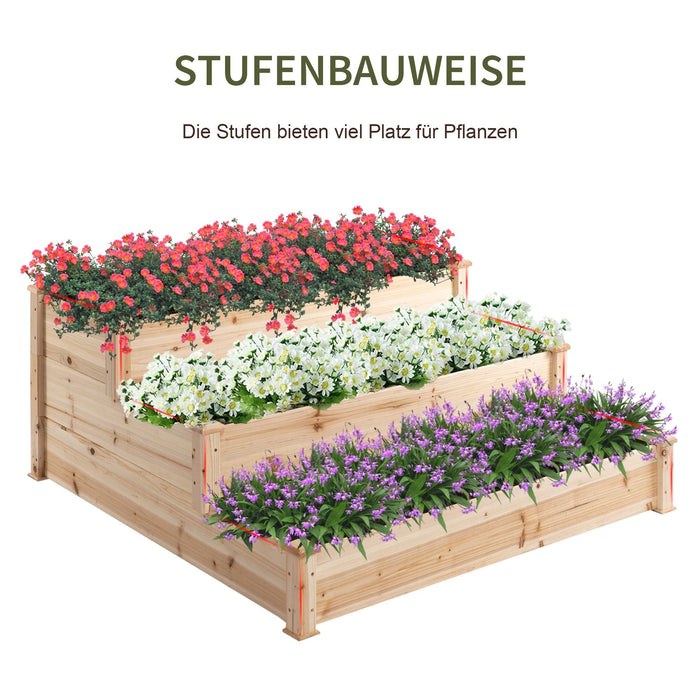 Hochbeet 3-stufige Gartenbeet Pflanzenbeet Kräuterbeet Blumentreppe für Balkon Garten Natur Tannenholz, 124x124x56cm