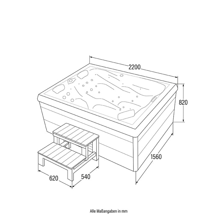 Whirlpool Vitaal extérieur, 32 jets de massage, éclairage, escaliers et couverture thermique, 3 personnes