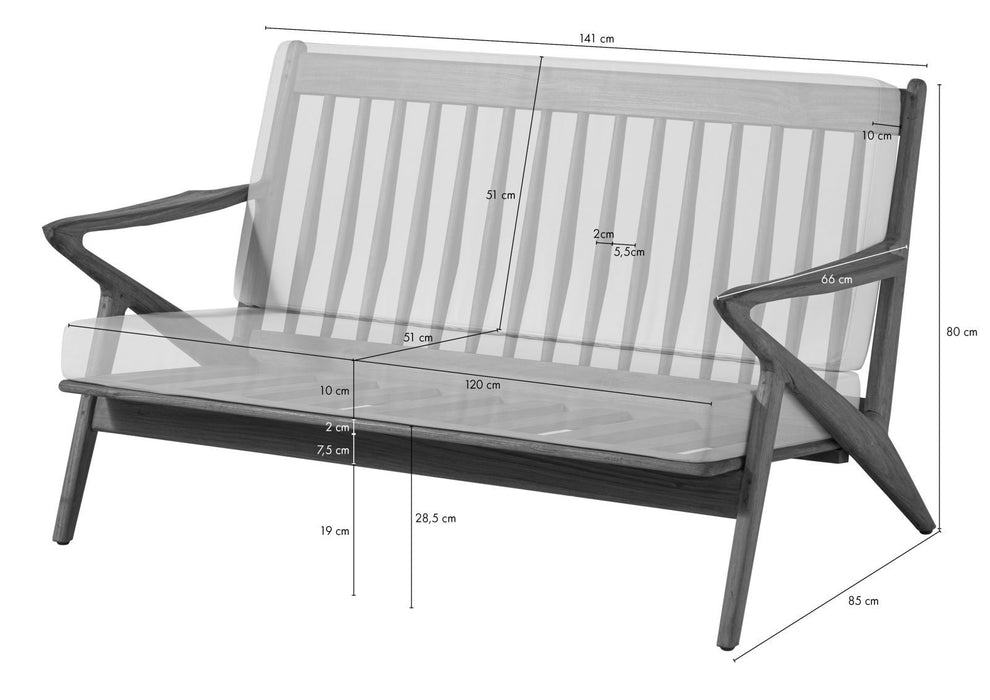 Banc de jardin Buton, avec rembourrage, nature non traitée - 141x85x80