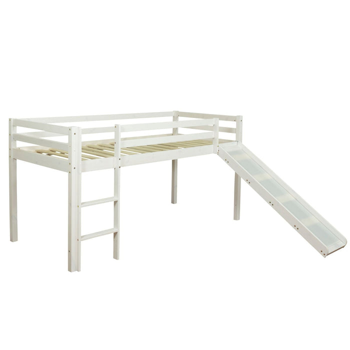 Hochbett Spielbett Kinderbett mit Lattenrost & Matratze + Leiter Rutsche Holz Massiv, Weiss - 90x200cm