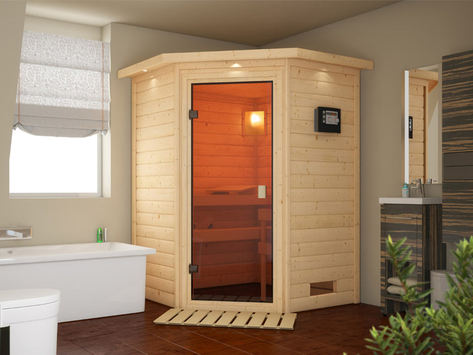 Sauna 230v Sauna en bois massif stefanie - 146x146x198cm, 1-2 personnes - sauna en salle avec four