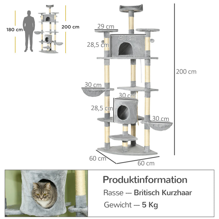 Stratching Post avec 2 hamacs et 2 grottes de chat, y compris les jouets en peluche de sisalsile gris clair