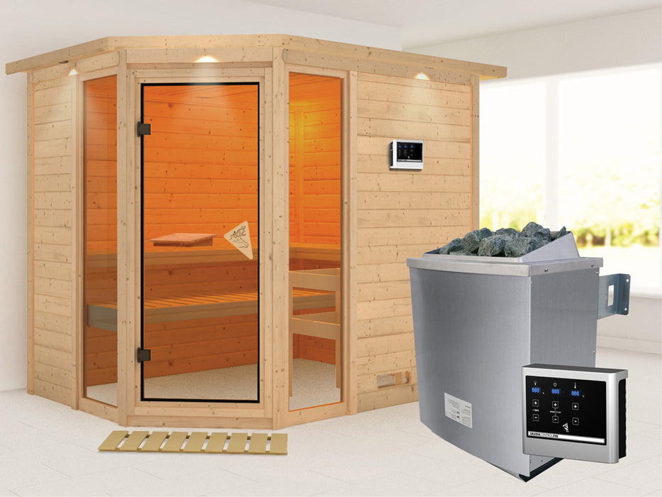 Sauna en bois massif sauna sinai 3 avec couronne de toit - 264x198x212cm, 2-3 personnes - sauna en salle avec four à 9 kW