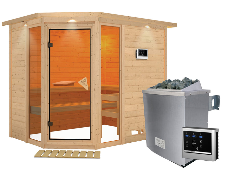 Sauna en bois massif sauna sinai 3 avec couronne de toit - 264x198x212cm, 2-3 personnes - sauna en salle avec four à 9 kW