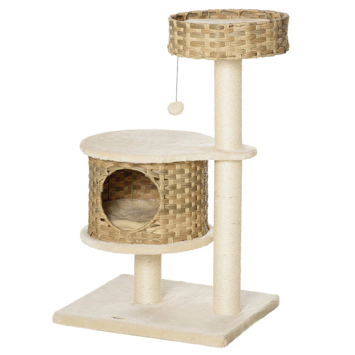 Grattant avec plate-forme, arbre grimpant avec une grotte de chat, balles de jeu, sisal, natur + beige, 95 cm de hauteur