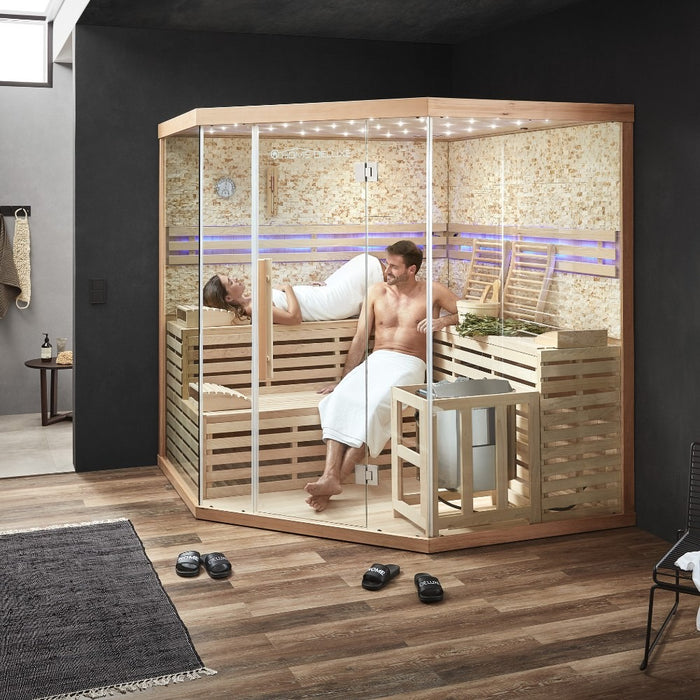 Sauna d'intérieur Casheim Big XL - 200 x 200 cm pour 6 personnes - Sauna traditionnel avec des plastiques avec un four de 8 kW