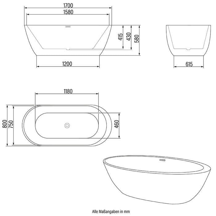 Badewanne freistehend schwarz MAMOTO WHITE ohne Armatur - 170x80x58cm