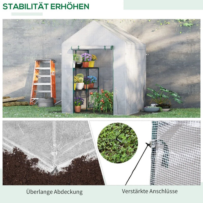 Foliengewächshaus begehbares Gewächshaus mit 4 Regalebenen Tomatengewächshaus Treibhaus Frühbeet mit Reissverschlusstüren Weiss Stahl PE-Kunststoff 143x143x195cm