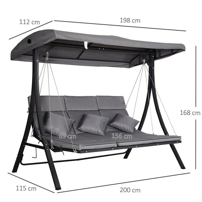 Hollywoodschaukel 3-Sitzer, Schaukelbank mit Verstellbarem Sonnendach, Gartenschaukel mit Kissen, bis 270 kg Belastbar, Metall, Texteline, Grau, 200x115x168cm