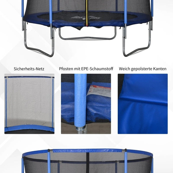 Trampolin mit Sicherheitsnetz Gartentrampolin für Innen- und Aussenbereich Fitnesstrampolin für Kinder und Erwachsene Stahl Blau+Schwarz bis 113,6kg, Ø244x240Hcm