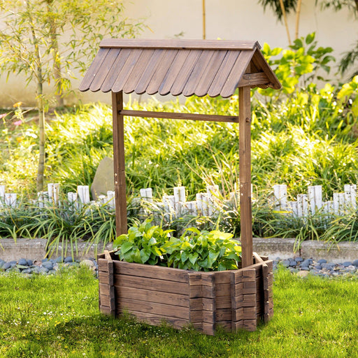 Hochbeet Holzbrunnen mit Dach Blumenkübel Wunschbrunnen Pflanzkasten Blumentopf Rosenbogen Garten Holz Rustikales Braun, 93x55x137cm