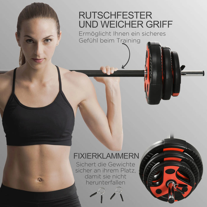 Lang Dumbbell Set 20 kg, y compris 6 tranches d'haltères, canne non glissée, noir + rouge