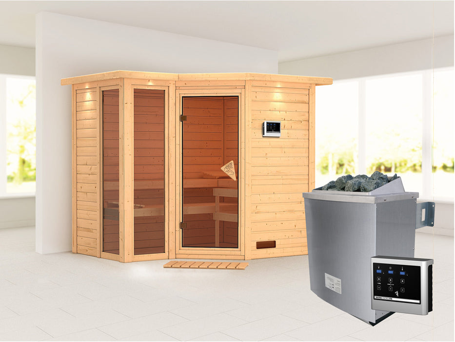 Sauna in legno massiccio sauna amara con ghirlanda del tetto - 264x198x212cm, 2-3 persone - sauna interna con forno