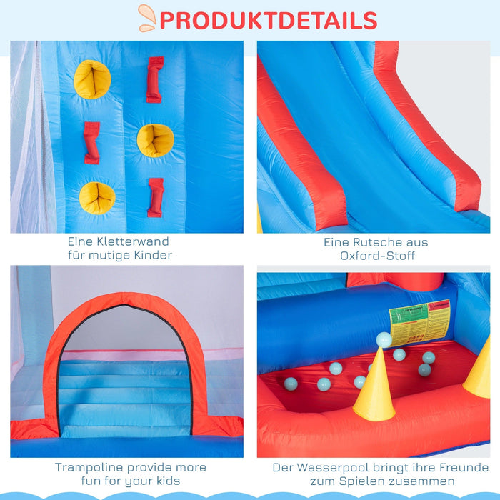 Aufblasbare Hüpfburg für 4 Kinder Wasserhüpfburg mit Gebläse Rutsche Pool Kletterwand Trampolin Tragetasche Garten für Kinder Outdoor Wasserrutsche Springburg 3-8 Jahren, 333x280x210cm