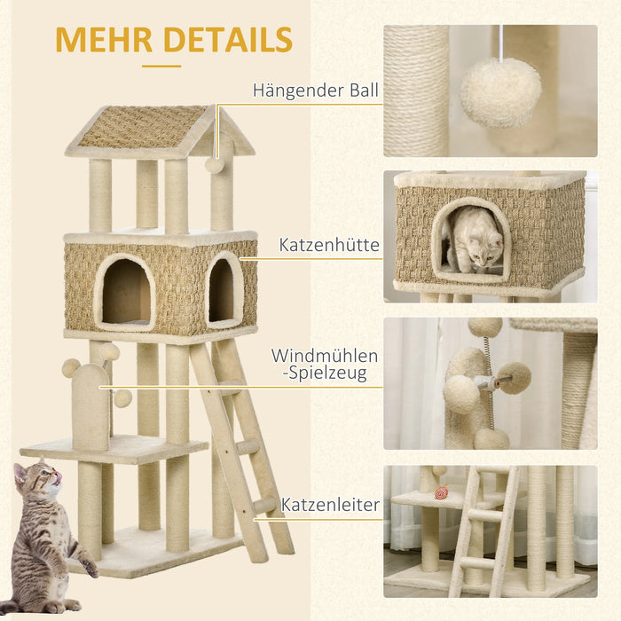 Cat Cave y compris les jouets, sisal, peluche, kaki + beige + café