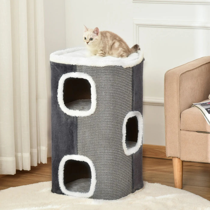 Scratch bin for cats 3 levels chipboard velvet -like gray+white 40x40x74cm