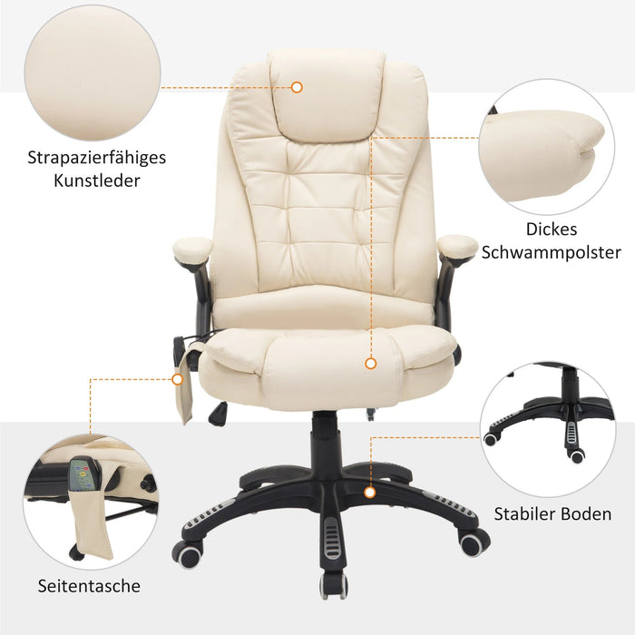 Bürostuhl mit Massagefunktion Wärmefunktion höhenverstellbar Cremeweiss, 62x68x111–121cm