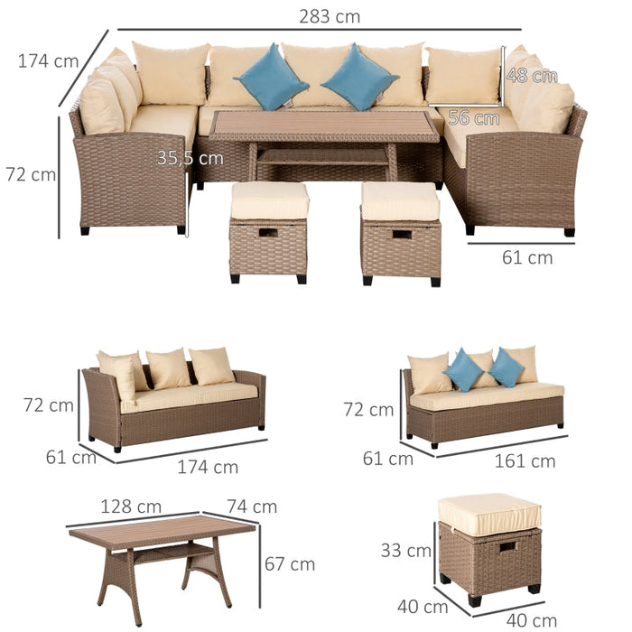 Sitzgruppe Gartenlounge für 10 Personen aus PE-Rattan 6-teilig inkl. Kissen - Braun+Khaki+Blau