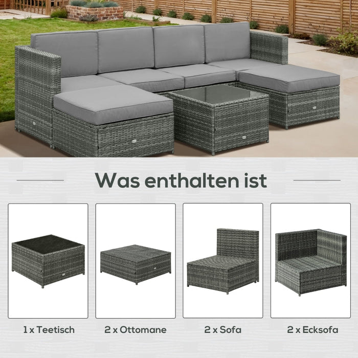 7-tlg. Polyrattan Gartengarnitur Gartenmöbel Garten-Set Sitzgruppe Loungeset Loungemöbel inkl. Fusshocker Sitzkissen Grau Stahl + Polyester, 58x58x37cm