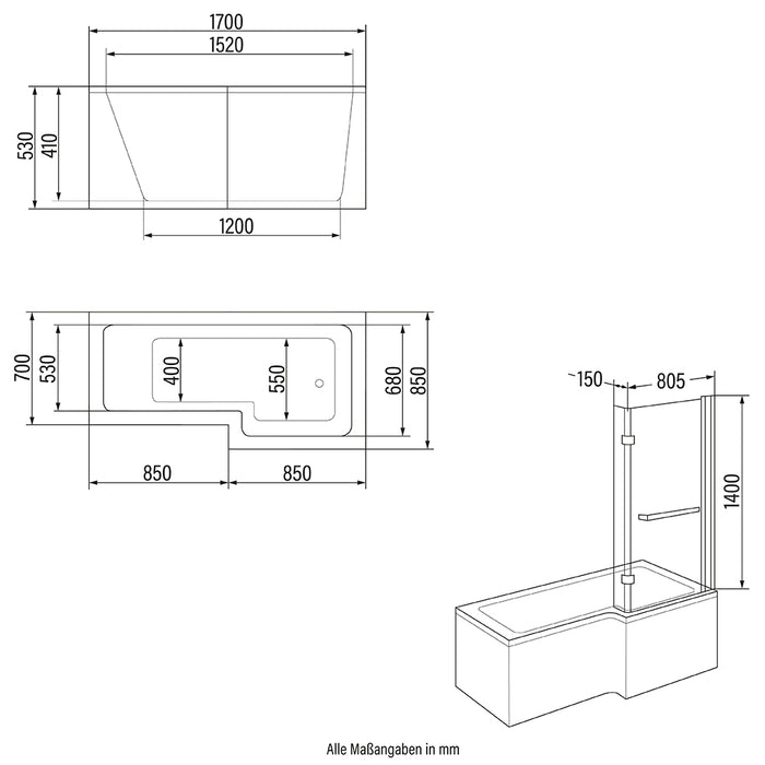 Baignoire de douche non gratuite - alora 170x85cm - à gauche