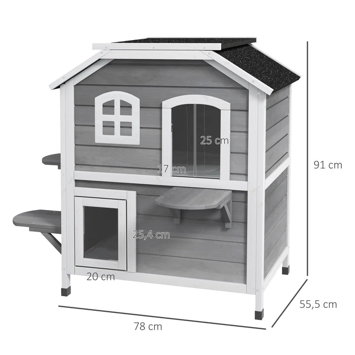 Cat house with asphalt roof, stairs, 2-floors, waterproof, garden, gray, 78x55.5x91cm