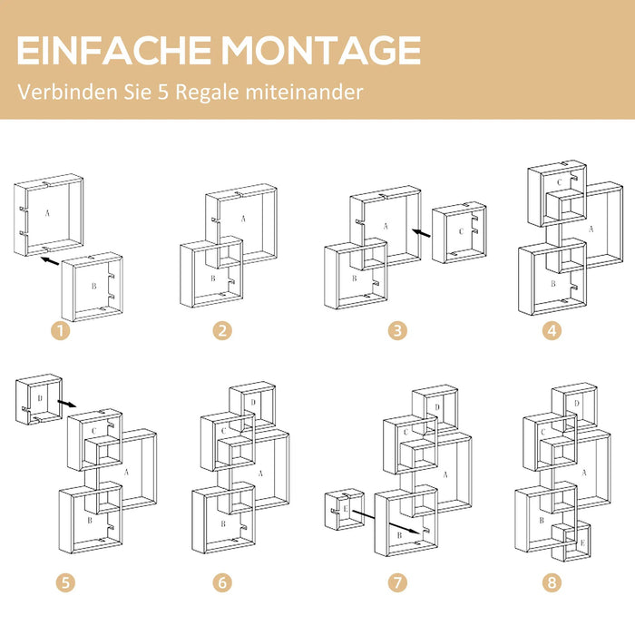 Wandregal, Schweberegal, 5 Regale, Massivholz, Weiss