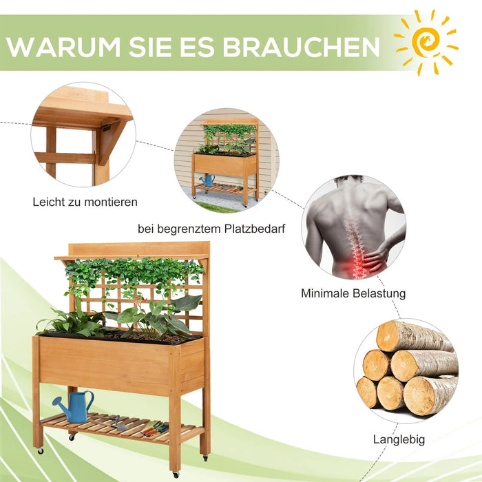 Hochbeet Pflanztisch Blumentisch Arbeitstisch Gärtnertisch Gewächshaus Holzpflanztisch für Garten Balkon, Tanne, nicht gewebter Stoff, Braun, 105x40x135cm