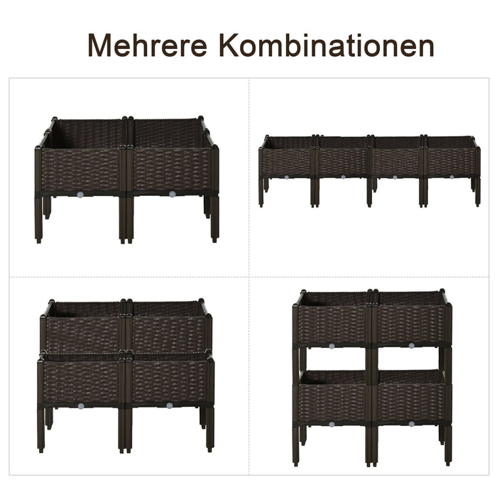 Hochbeet 4-teiliger Pflanzkasten mit Abflusslöchern Rattan-Look Blumenkasten DIY Braun, 40x40x44cm