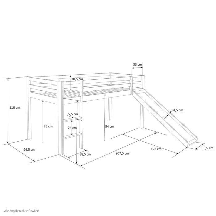 Hochbett Spielbett Kinderbett mit Lattenrost + Matratze & Leiter Rutsche Holz Massiv, Grau - 90x200cm