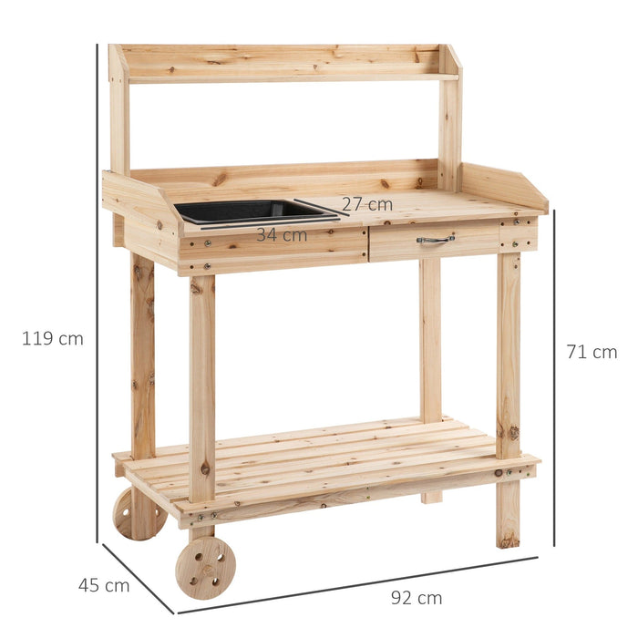 Pflanztisch mit Schublade 2 Stufen Gärtnertisch mit waschbecken und Rollen Garten Tannenholz Natur, 92x45x119cm