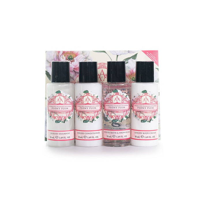 Ensemble de voyage avec shampooing, revitalisant, gel de douche, lotion pour le corps Triple AAA - pivoine, 4x50 ml