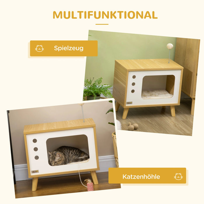 Cat Cave nel design TV tra cui giocattoli e cuscini, quercia, 50x28x43cm