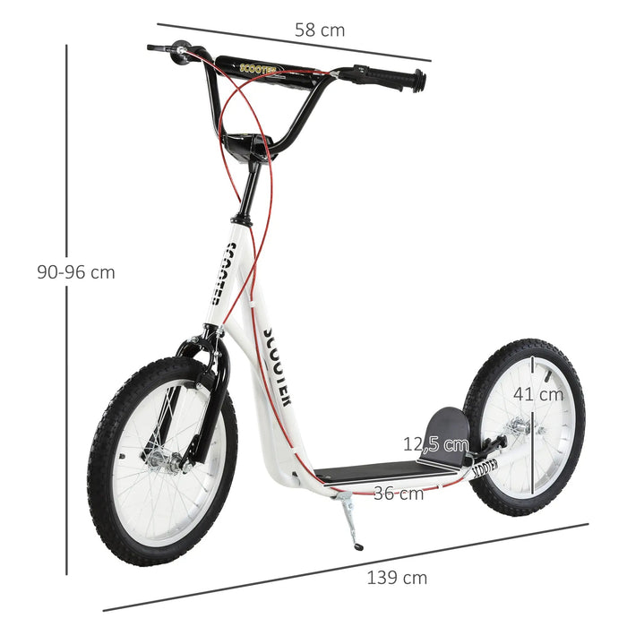 Kinderroller mit Luftreifen und Handbremse - Wasserfest Faltbar ab 5 Jahre 16 Zoll Weiß 139x58x90-96cm