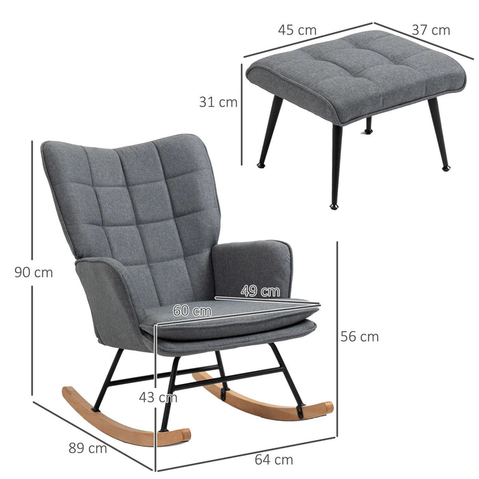 Chaise swing avec tabouret, confortable, jusqu'à 130 kg, look en lin, 64x89x90cm, gris