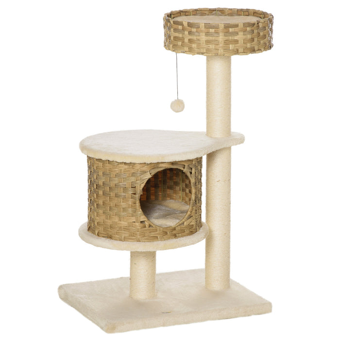 Grattant avec plate-forme, arbre grimpant avec une grotte de chat, balles de jeu, sisal, natur + beige, 95 cm de hauteur