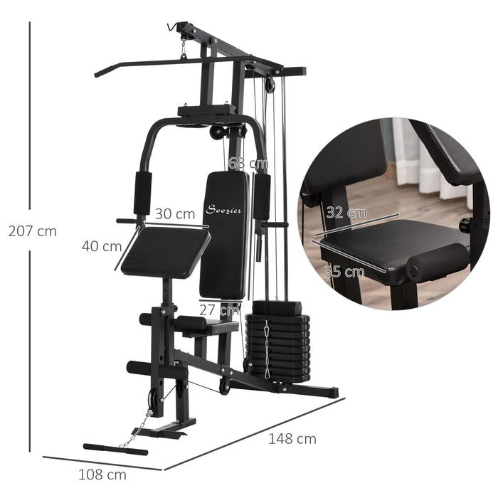 Dispositif de fitness de la station de résistance au gymnase, y compris des poids avec pôtrage en acier en cuir synthétique noir 148x108x207cm