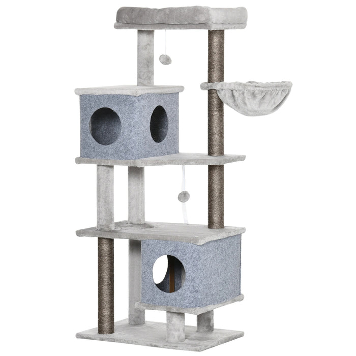 Scratching post, two houses, two platforms, play ball, lying basket, tilt protection, gray, 60x40x142cm